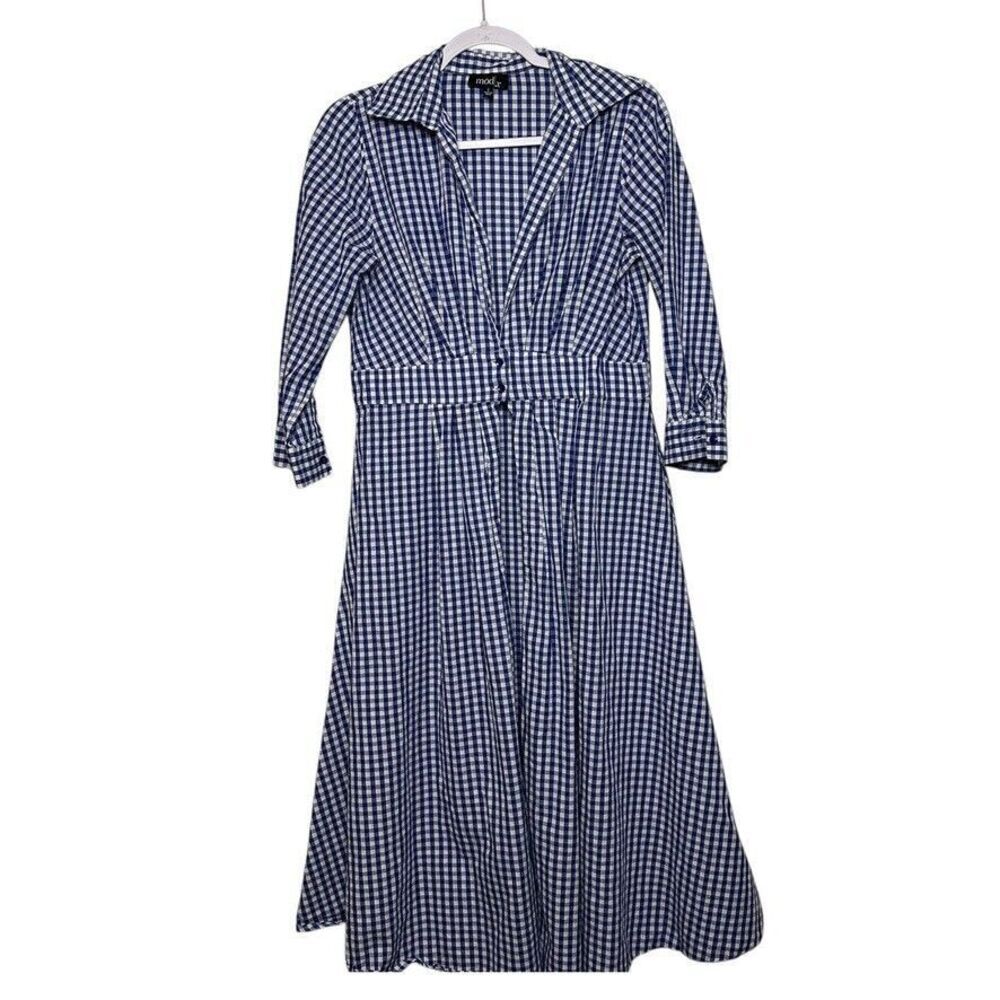 Mod X‎ Gingham Shirt Dress Duster Women's S Blue Retro Boho Farmcore